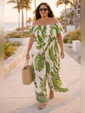 City Chic Tropical Leaf Print Jumpsuit NWT Off Shoulder Wide Leg Resort XL 22